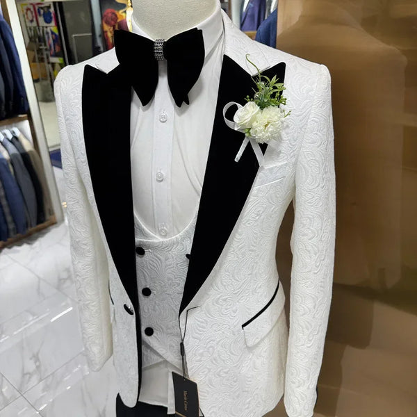 Wedding Suits White Jacquard with Black Satin
