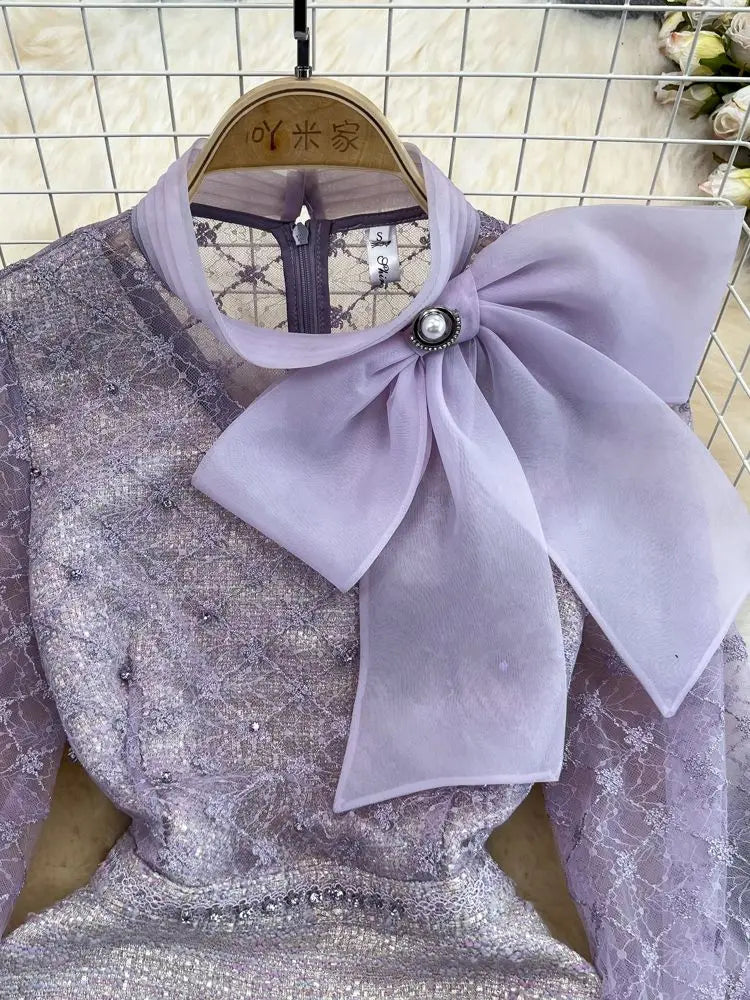 Elegant Bubble Long Sleeve Stand Collar Embroidery A-Line Dress