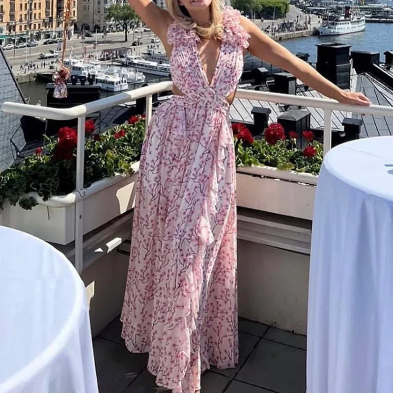 Elegant Floral Shoulder Deep V-neck Long Waist Ruffle Dress