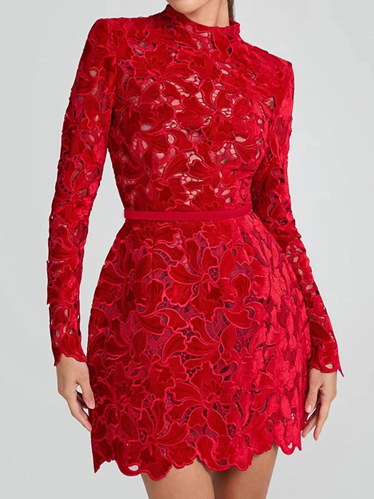 Hollow Out Mini Long Sleeve O Neck Dress