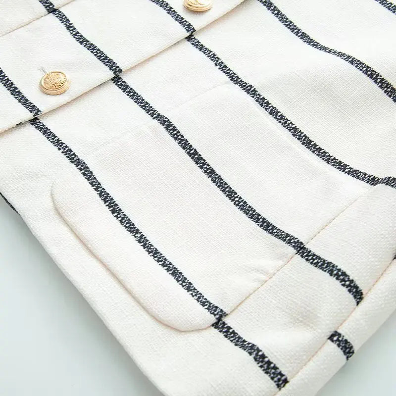 Striped Single-breasted Lapel Half Sleeves Tops Loose High Waist Short