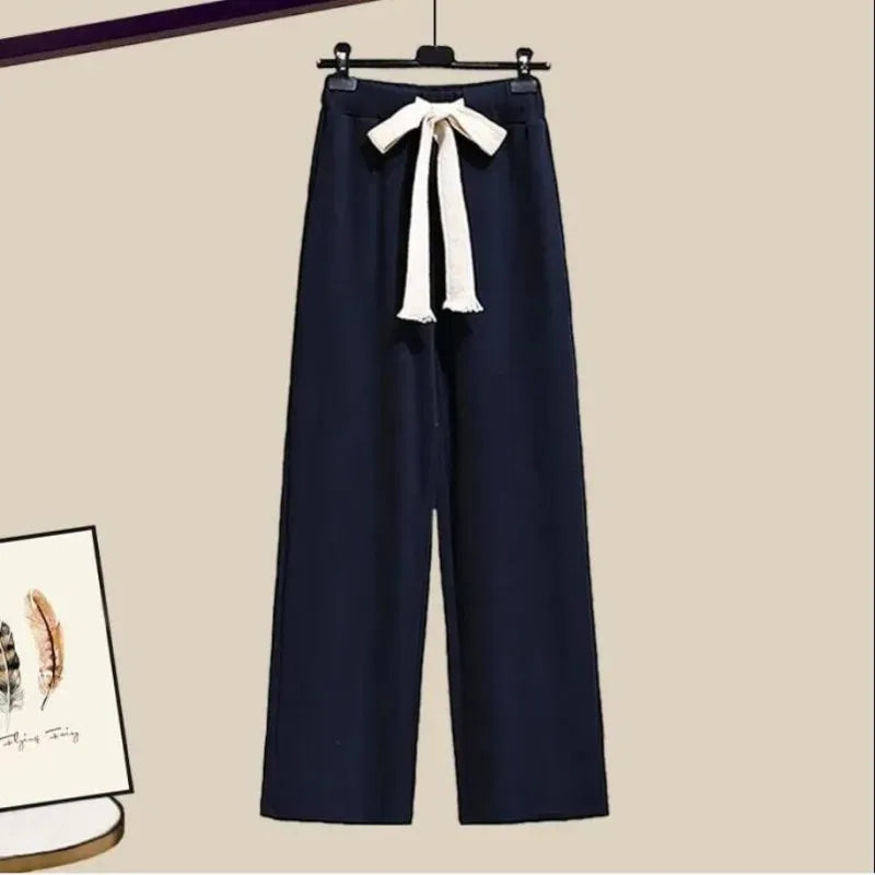 Splicing Shirt+Elastic Waist Wide Leg Pants Two Piece