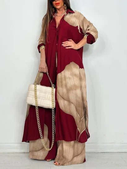 Elegant Printed Long Shirt Top + Wide Leg Pants 2-pieces