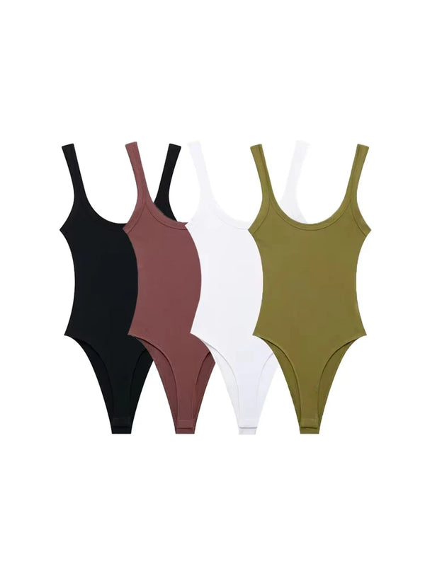 Skinny Ribbed Bodysuits O Neck, Straps, Snap-Button