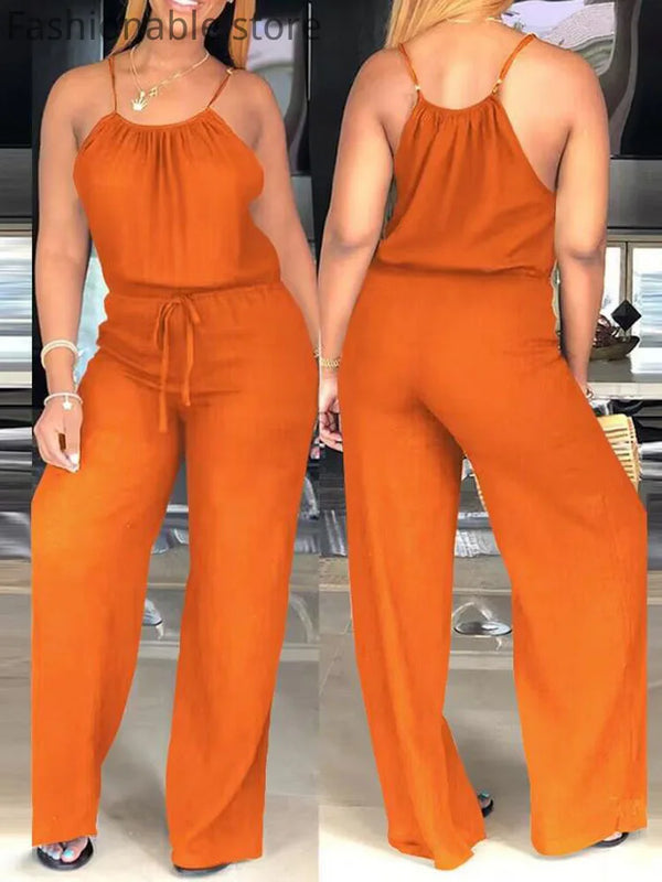 Women Casual Solid Spaghetti Strap Drawstring Jumpsuit