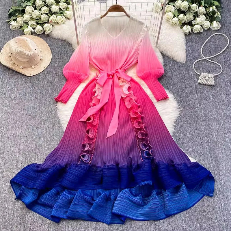 Ruffles Splice Gradient Color Pleated Dresses