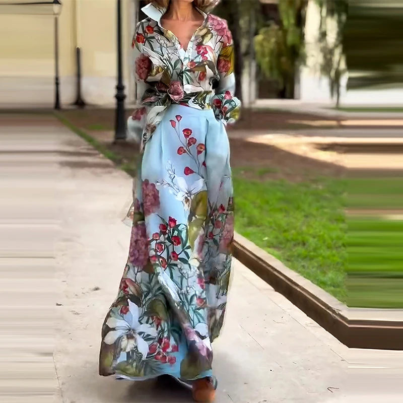 Elegant Lapel Lantern Sleeve Shirt + Long Skirt Suit