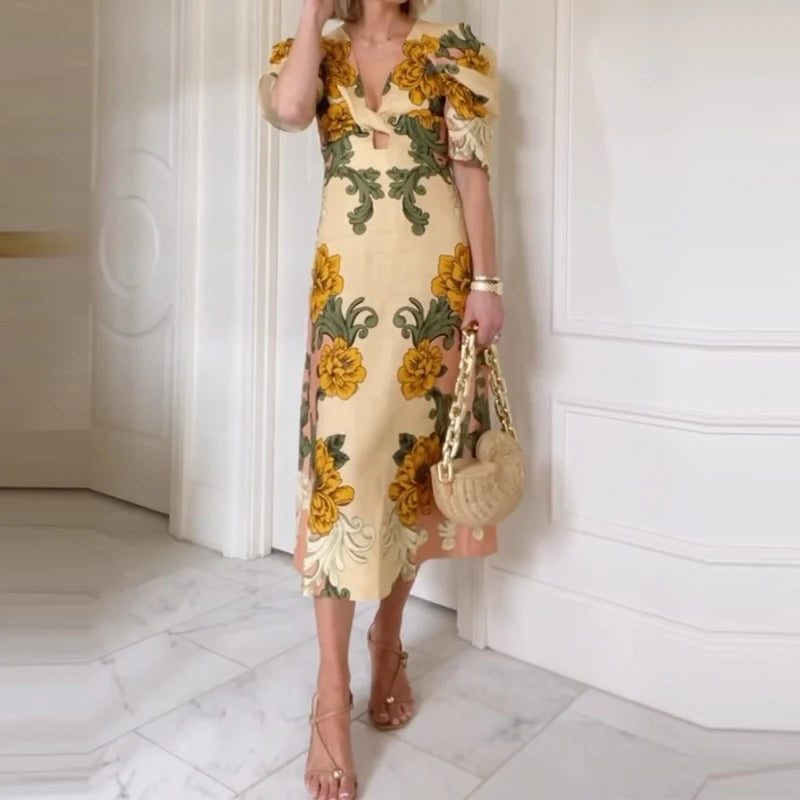 Retro Floral V Neck Hollow Draped Half Puff Sleeve Bohemian Dress