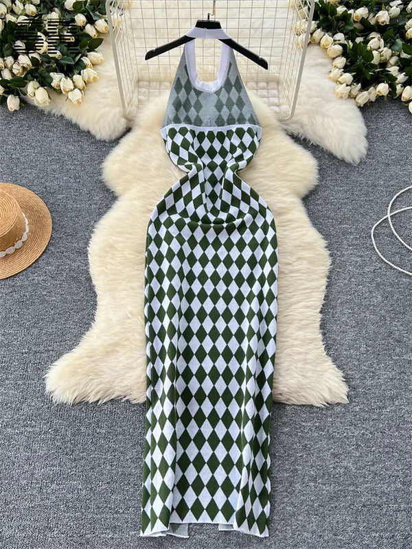 SINGREINY Argyle Split Knitted Dress