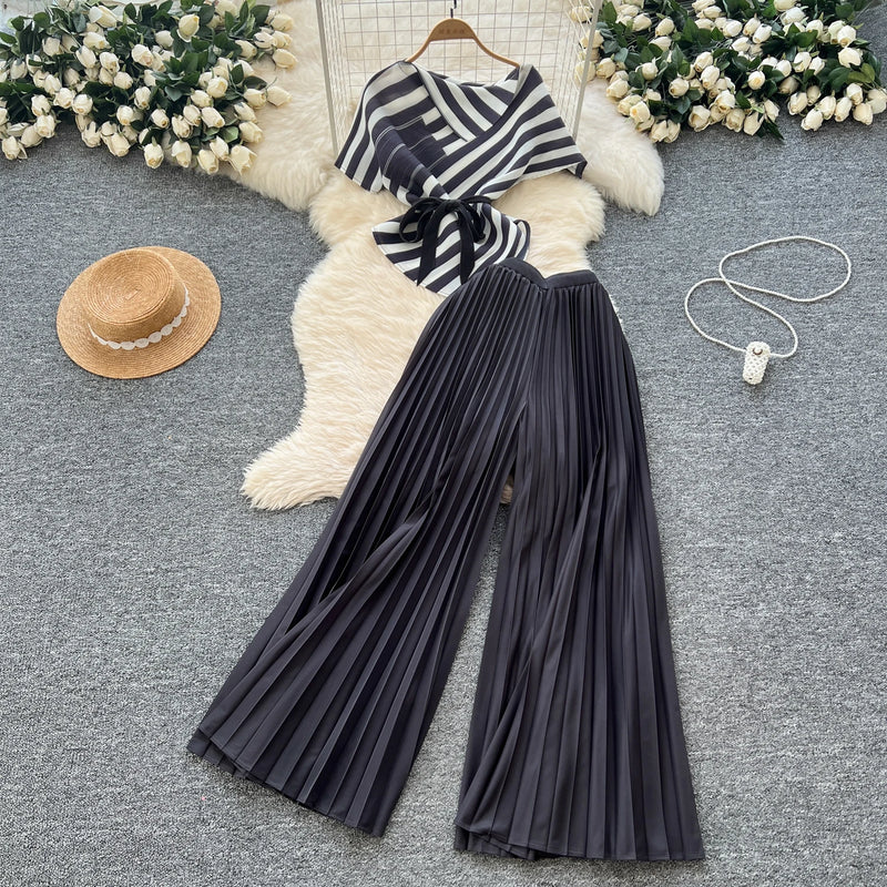 Chic Striped Skew Collar Short Sleeve Tops + High Waist Pleated Wide Leg Pants