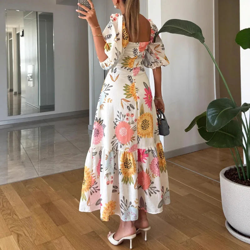 Elegant Square Neck Puff Sleeve Floral Print Pleated A-Line Long Dress