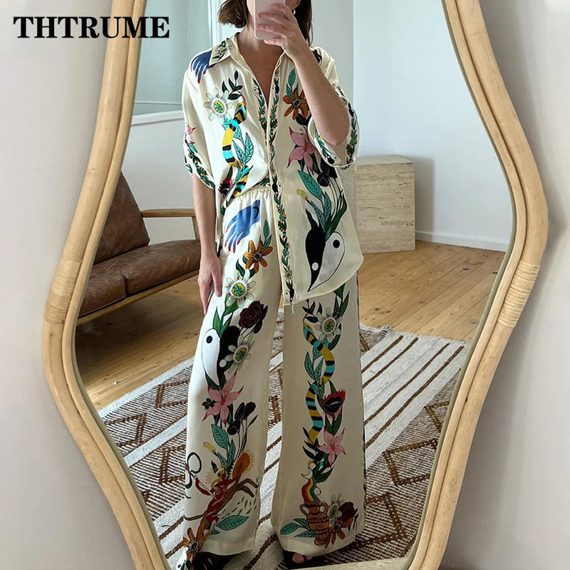 Two Piece Sets Elegant Summer Floral Print Lapel