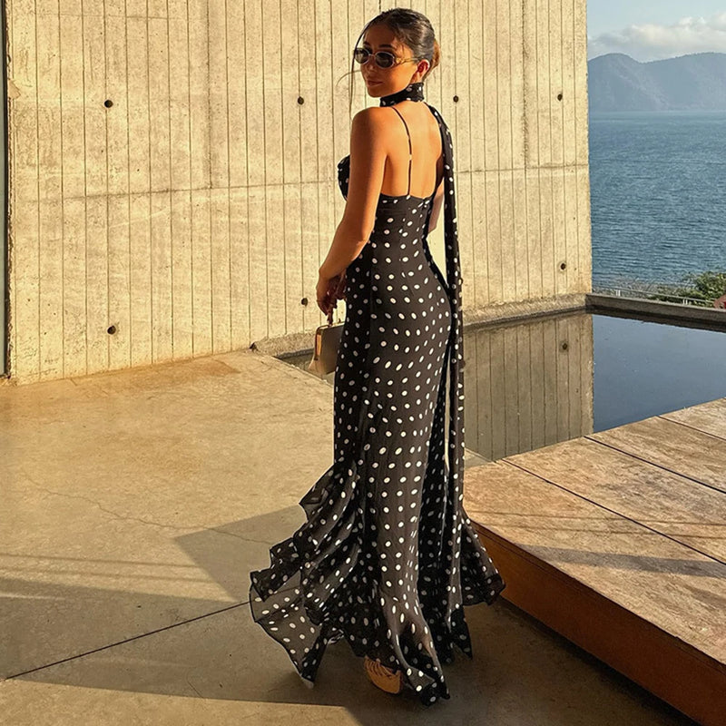 Polka Dot Long Scarf Ribbon Ruffle Halter Pleated Dress