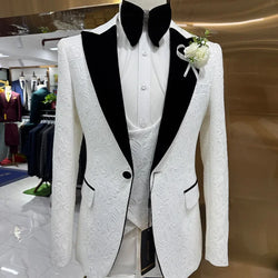 Wedding Suits White Jacquard with Black Satin