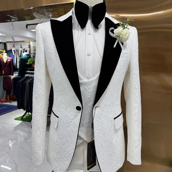 Wedding Suits White Jacquard with Black Satin