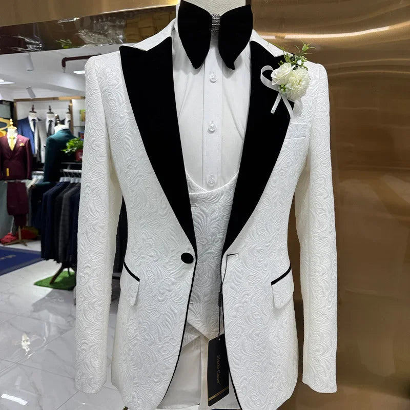 Wedding Suits White Jacquard with Black Satin