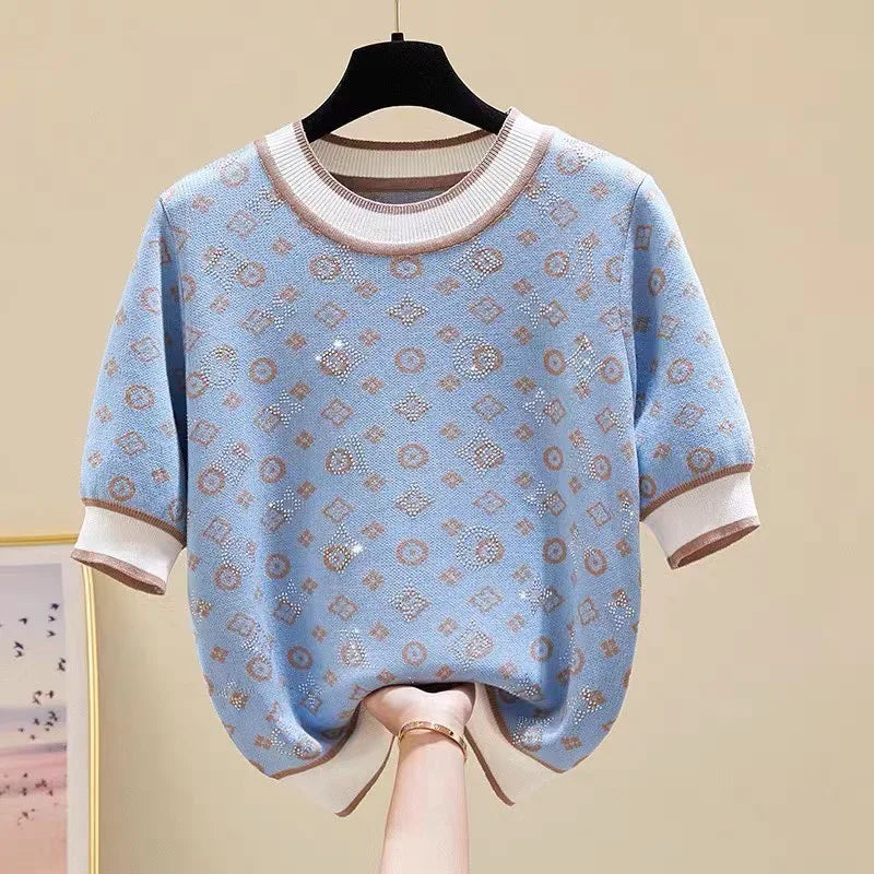 Summer Short Sleeve Knit Glitter Stones T-Shirt