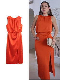 Elegant Pleated Summer O-neck Sleeveless Slim Dress