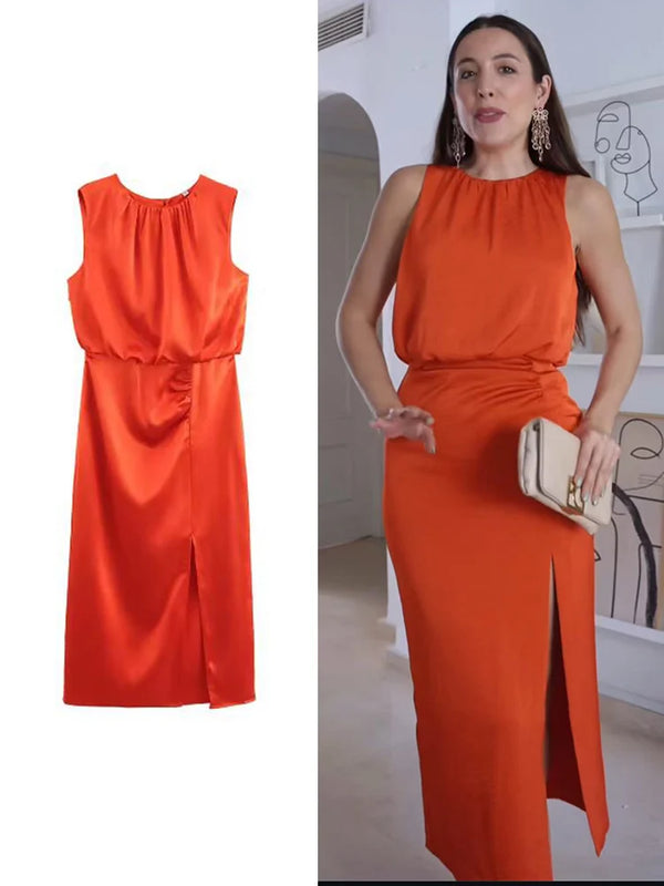 Elegant Pleated Summer O-neck Sleeveless Slim Dress