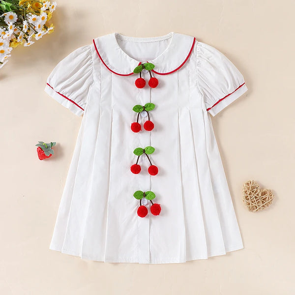 CAMINA Lovely Baby Short Sleeve Peter Pan Collar Cherry Front A-Line Casual Dress