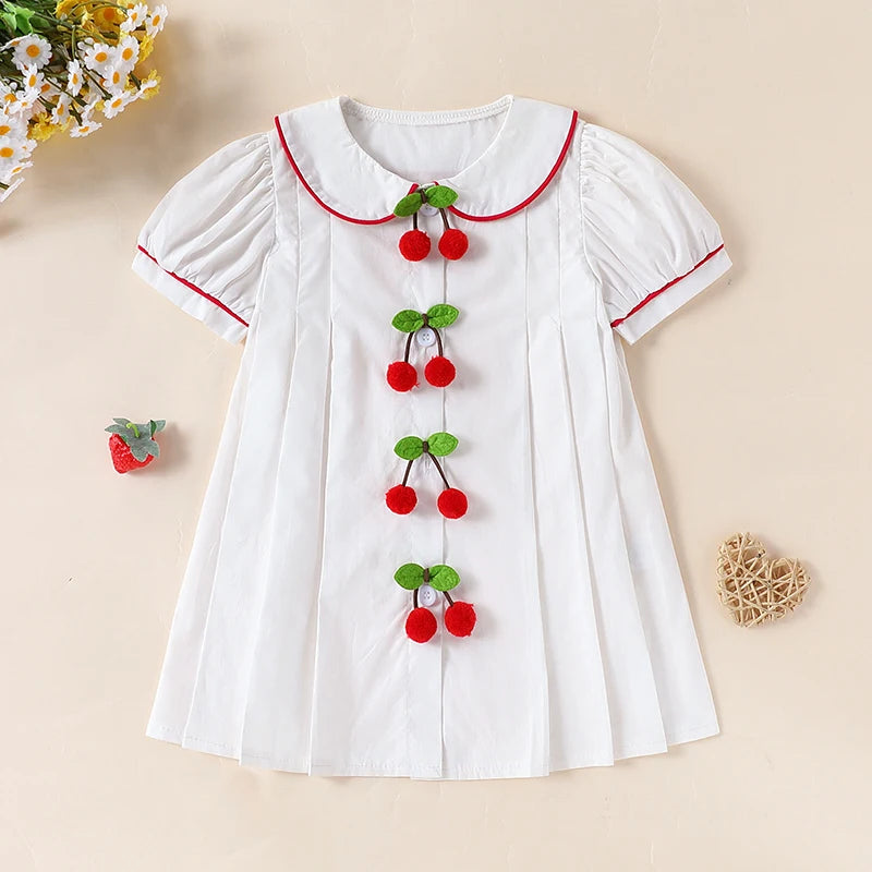 CAMINA Lovely Baby Short Sleeve Peter Pan Collar Cherry Front A-Line Casual Dress