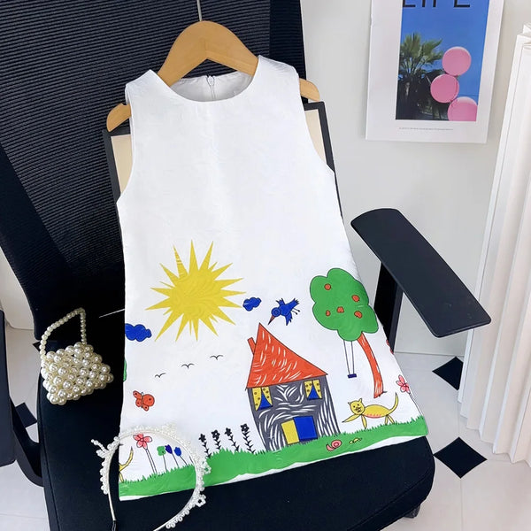 Cute Cartoon Graffiti Print Sleeveless Princess Dress