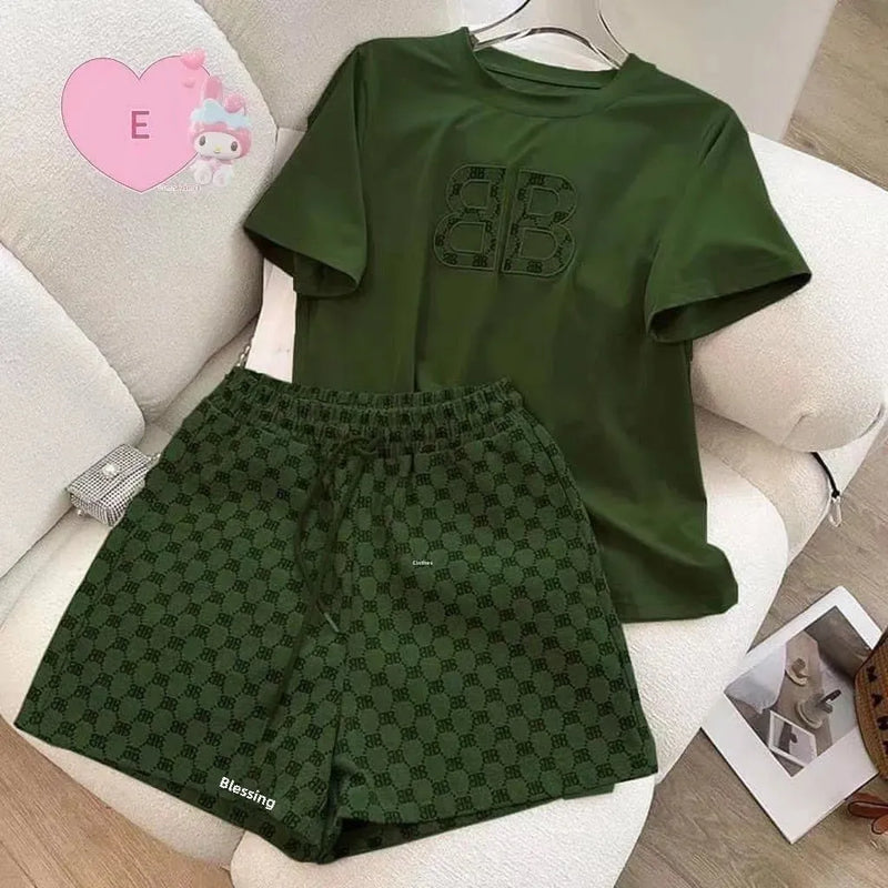 Summer Casual Embroidery Short Sleeve Shorts 2-Piece Set