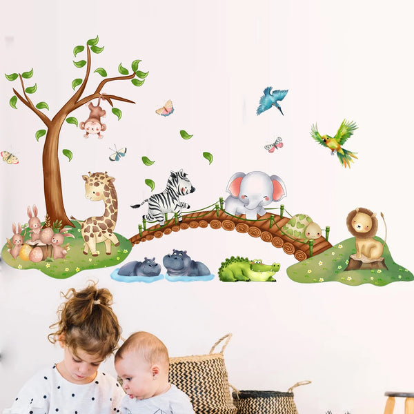 Cartoon Animal Elephant Zebra Giraffe Bridge Wall Sticker