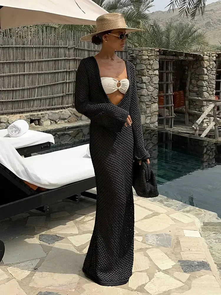 Sexy U-neck Bell Sleeve Knit Swimwear Bikinis Cover-ups