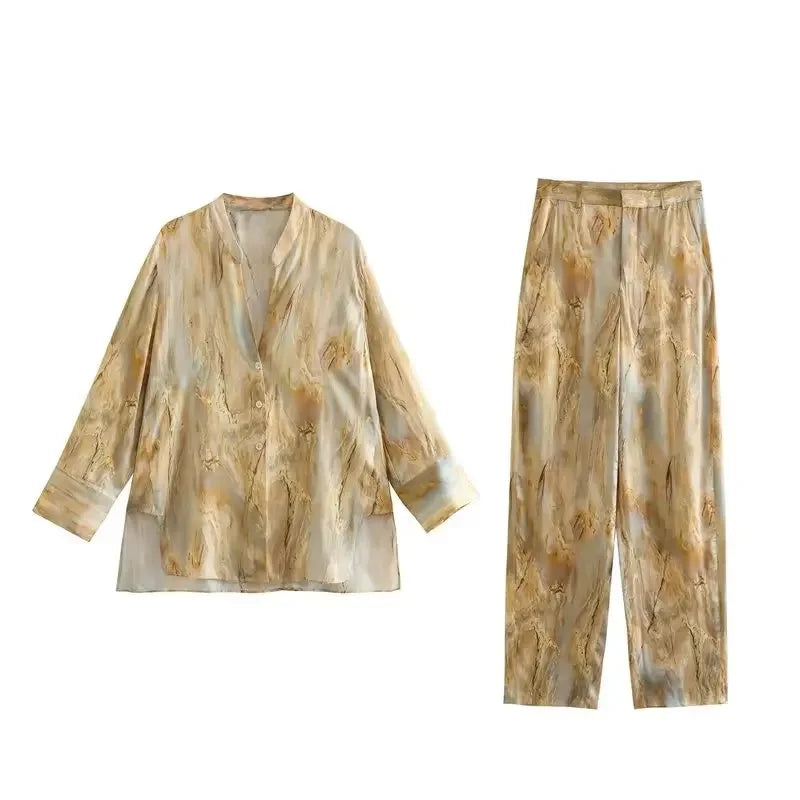 Women's Shirt and Pants Set Process Tie Dyed Silk Satin