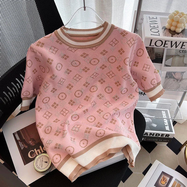 Summer Short Sleeve Knit Glitter Stones T-Shirt