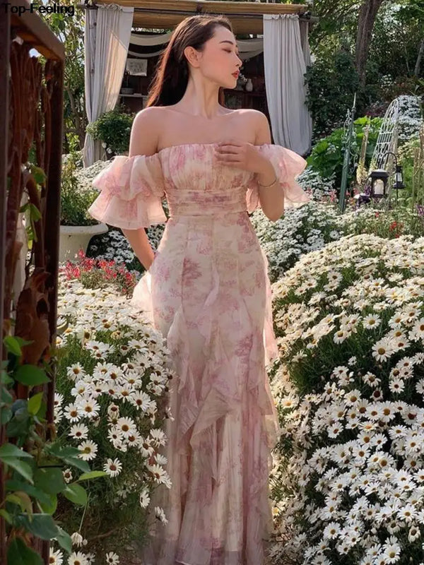 Summer Elegant France Vintage Bodycon Ruffles Dress