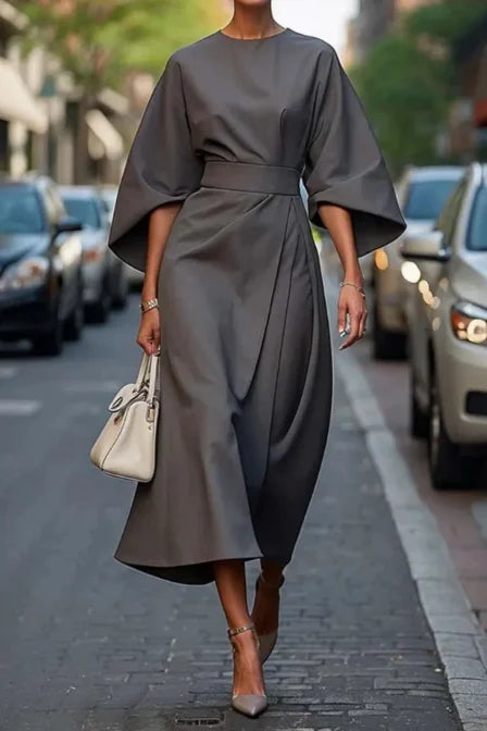Elegant Solid High Waist Batwing Sleeve Long Dress