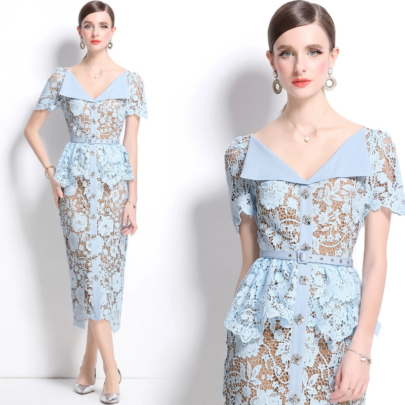 Elegant Hollow Out Flower Embroidery Lace Dress