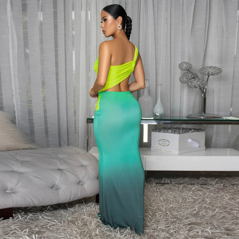 Draped Front One Shoulder Cutout Waist Bodycon Long Dress