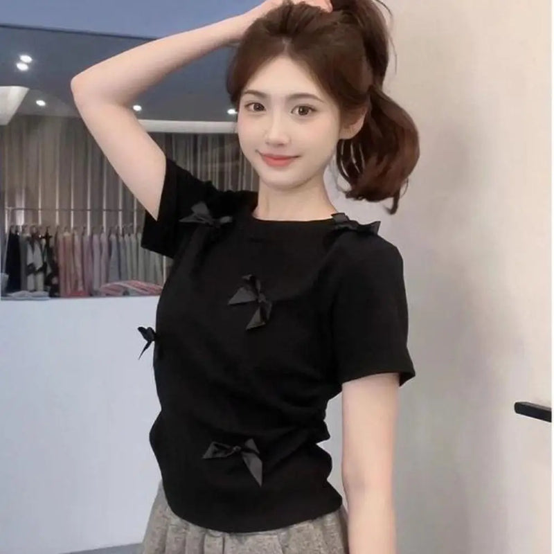 Elegant Ballet Bowknot T Shirts Round Collar