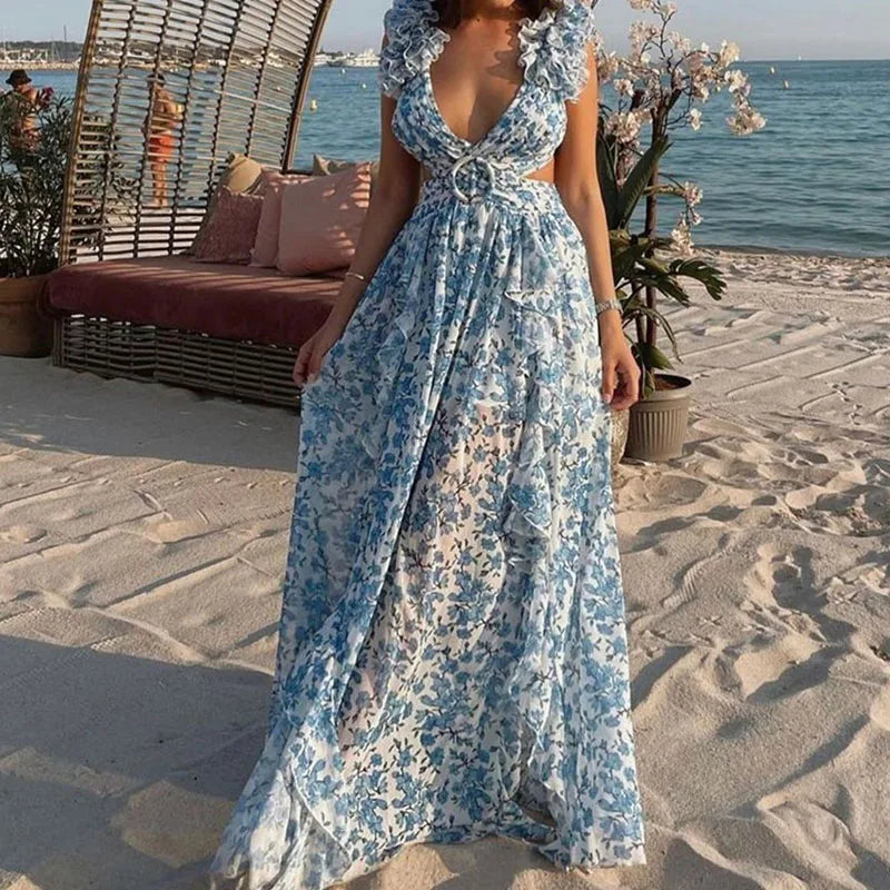Elegant Floral Shoulder Deep V-neck Long Waist Ruffle Dress