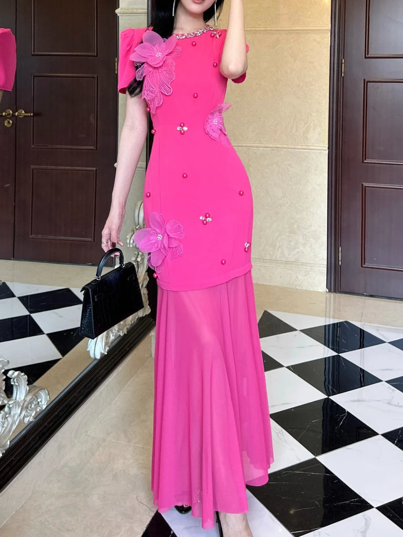 Spliced 3D Flower Round Neck Short Sleeves Patchwork Dress