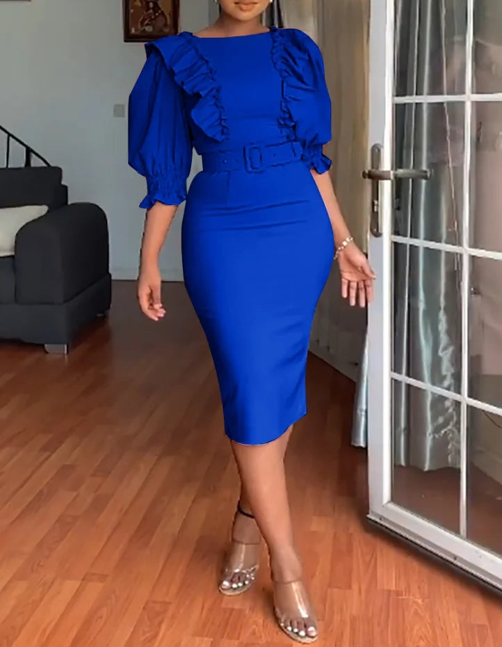 Spliced Long Sleeve Slim Fit Wrap Hip Split Elegant Dress