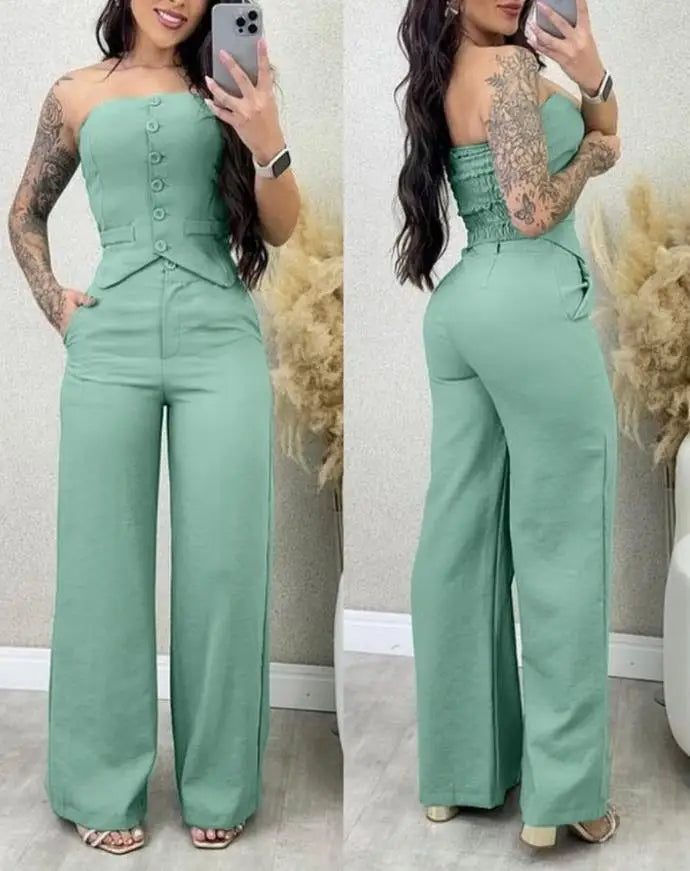 Two Piece Set V-Neck Sleeveless Vest Tank & Casual Wide Leg Pants