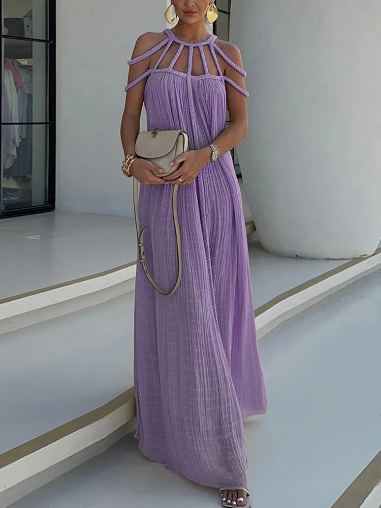 Beach Style Sleeveles Summer Hollow Out O-Neck Dress