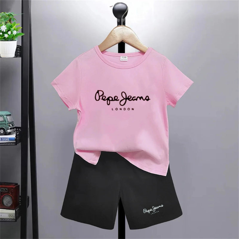 Brand letter printing girl Boy Age 3-12 T-shirt+shorts Sets