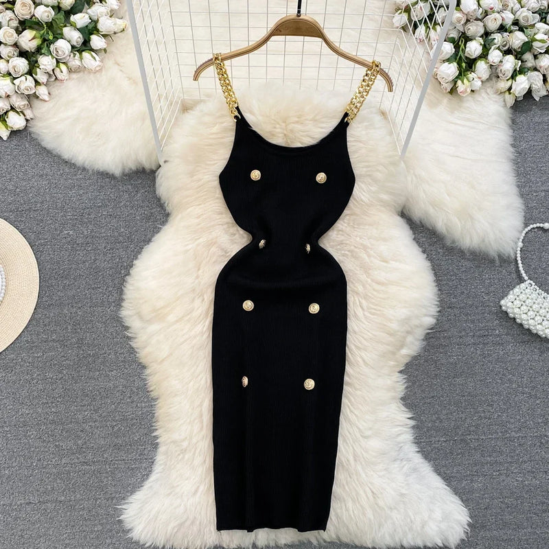 Casual Chain Slip Sleeveless Elastic Knit Bodycon Dress