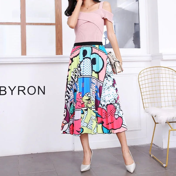 Cartoon Print Pleated Long High Waist A-Line Elastic Blue Pink Skirt