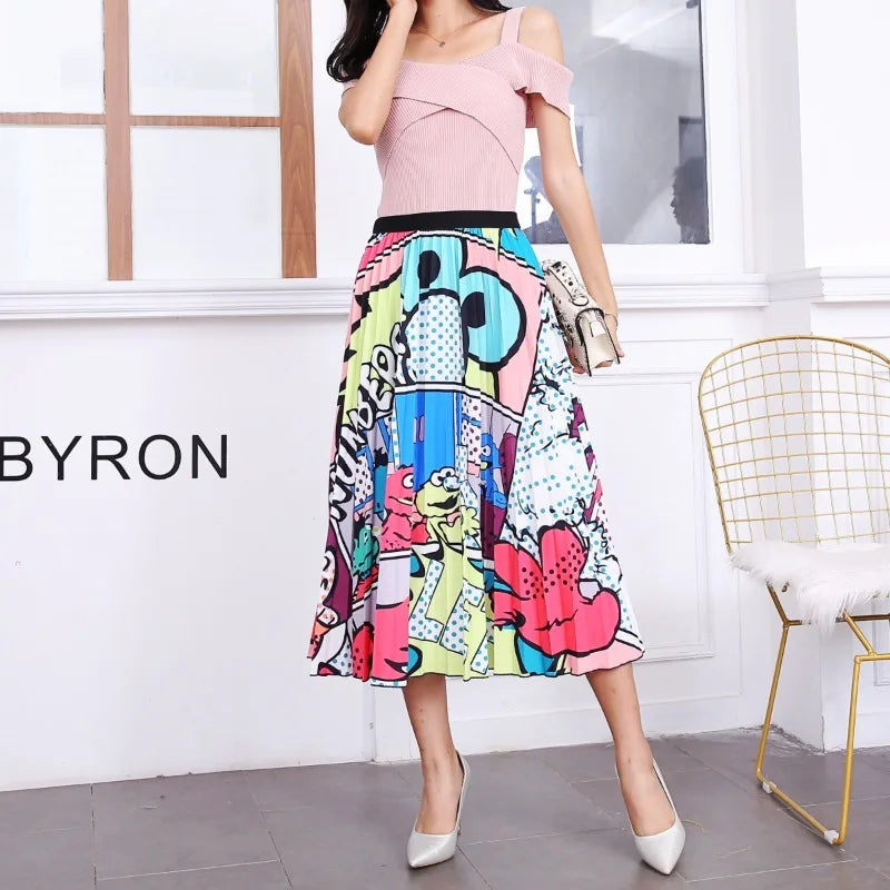 Cartoon Print Pleated Long High Waist A-Line Elastic Blue Pink Skirt