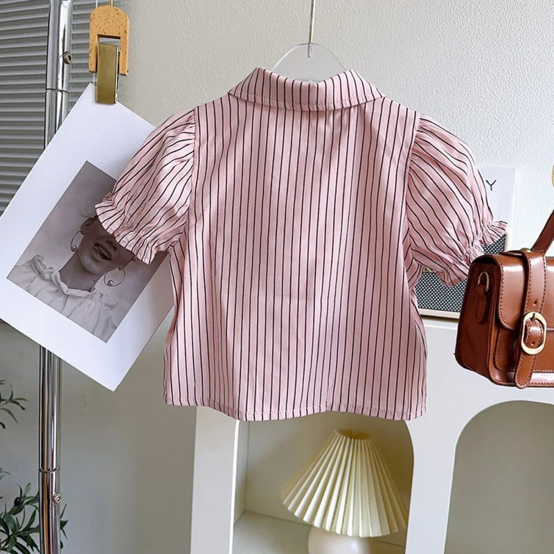 Pink Short Sleeved Tie Shirt+Pleated Skirt