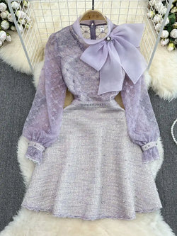 Elegant Bubble Long Sleeve Stand Collar Embroidery A-Line Dress