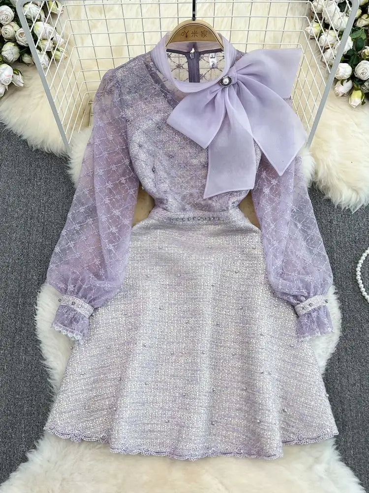 Elegant Bubble Long Sleeve Stand Collar Embroidery A-Line Dress
