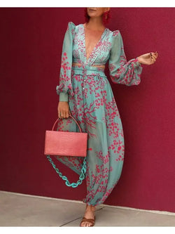 Elegant V-Neck Long Sleeve Loose Pocket Rompers Wide Leg Pant