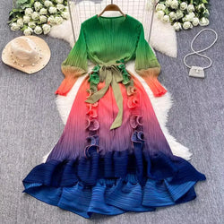 Ruffles Splice Gradient Color Pleated Dresses